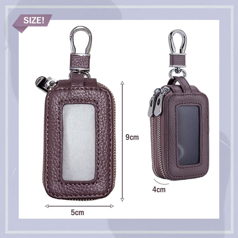 2層式 暗色系 キーケース スマートキー 窓付き 革 キーカバー レディース ケース カバー スマートキーケース リモコン ジッパー 車 鍵カバー 鍵ケース 贈物 ギフト プレゼント