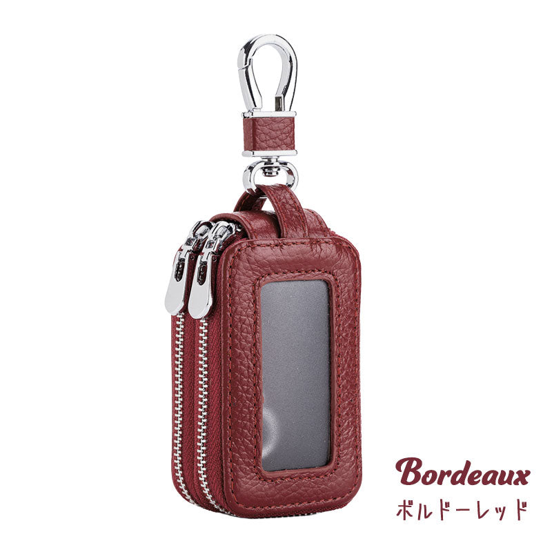 2層式 暗色系 キーケース スマートキー 窓付き 革 キーカバー レディース ケース カバー スマートキーケース リモコン ジッパー 車 鍵カバー 鍵ケース 贈物 ギフト プレゼント