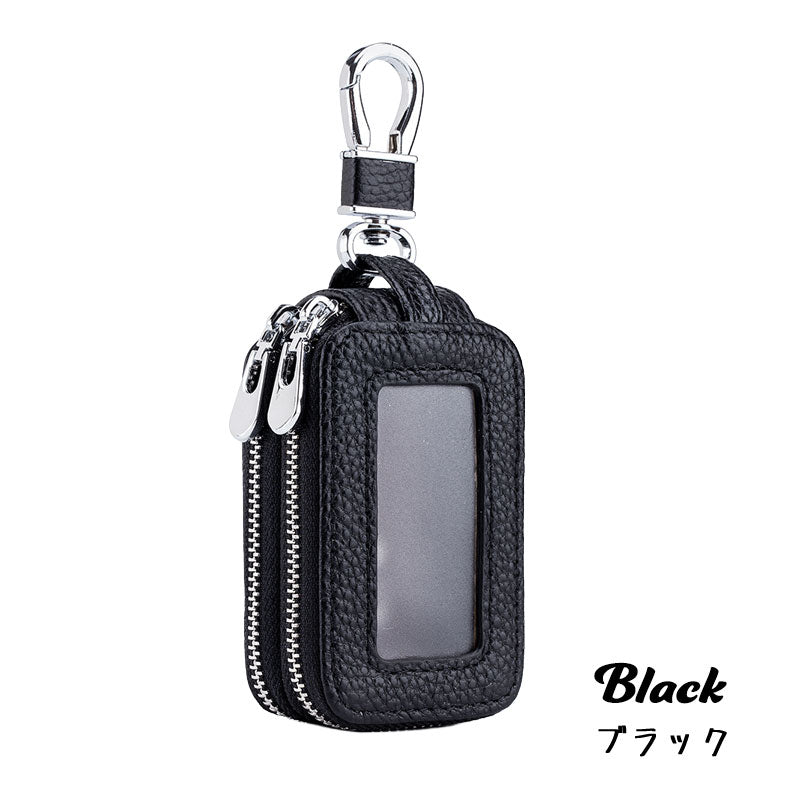 2層式 暗色系 キーケース スマートキー 窓付き 革 キーカバー レディース ケース カバー スマートキーケース リモコン ジッパー 車 鍵カバー 鍵ケース 贈物 ギフト プレゼント