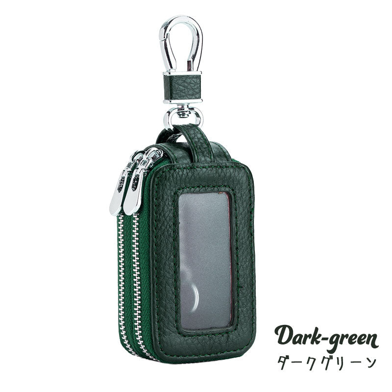 2層式 暗色系 キーケース スマートキー 窓付き 革 キーカバー レディース ケース カバー スマートキーケース リモコン ジッパー 車 鍵カバー 鍵ケース 贈物 ギフト プレゼント