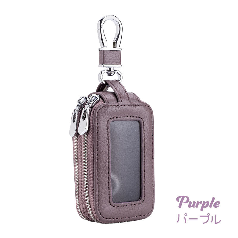 2層式 暗色系 キーケース スマートキー 窓付き 革 キーカバー レディース ケース カバー スマートキーケース リモコン ジッパー 車 鍵カバー 鍵ケース 贈物 ギフト プレゼント