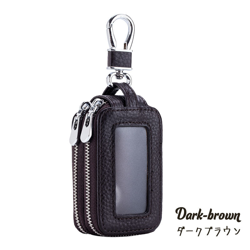 2層式 暗色系 キーケース スマートキー 窓付き 革 キーカバー レディース ケース カバー スマートキーケース リモコン ジッパー 車 鍵カバー 鍵ケース 贈物 ギフト プレゼント