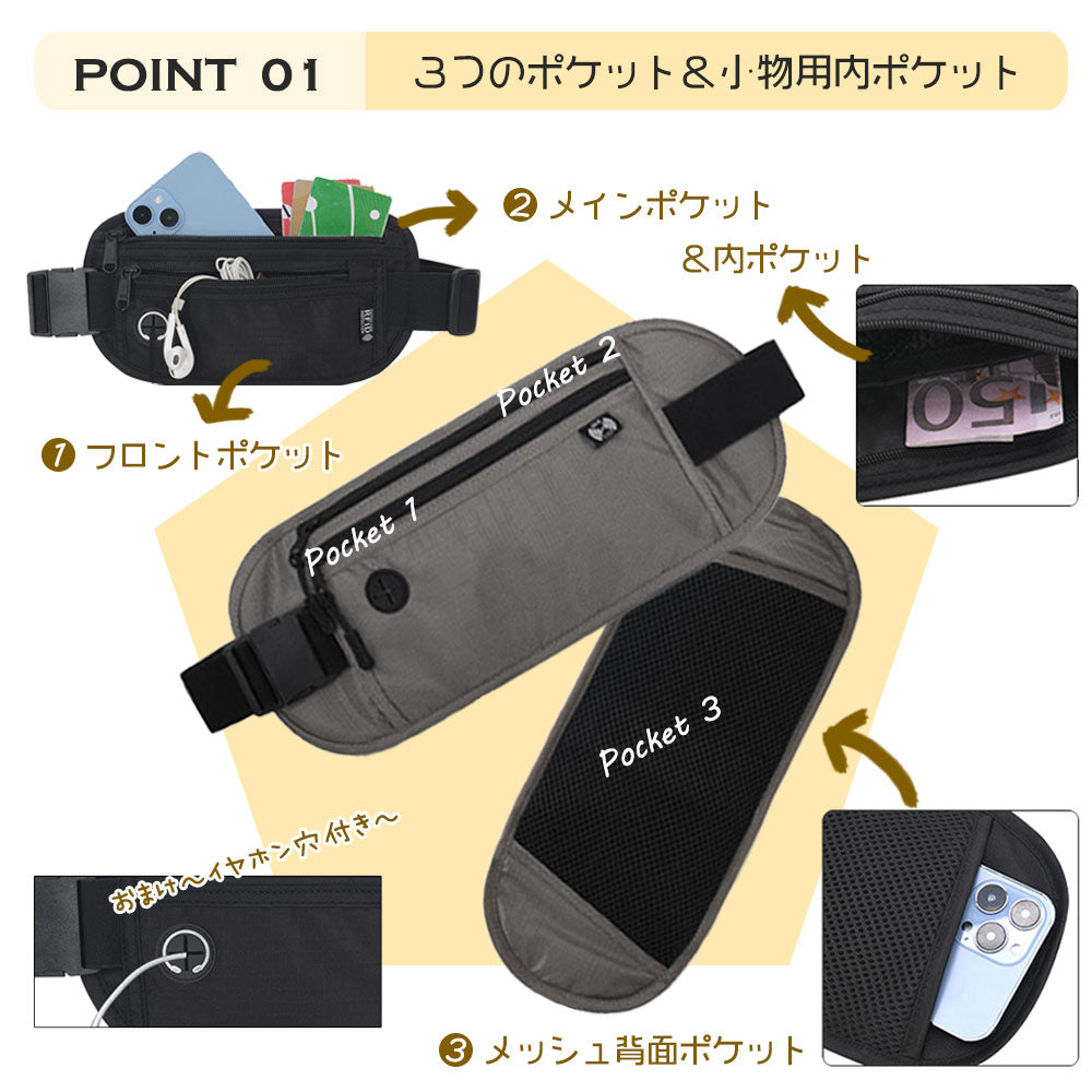 ウエストポーチ セキュリティポーチ ランニングポーチ スキミング防止 防犯 パスポートケース ウエストバッグ トラベルバッグ 旅行 アウトドア 撥水 大容量 男女兼用